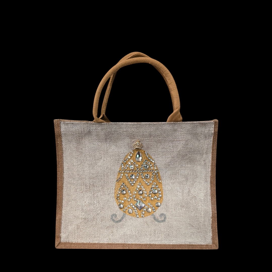 gold jeweled egg tote bag, hand painted easter tote, beaded gold egg tote, off white tote bag