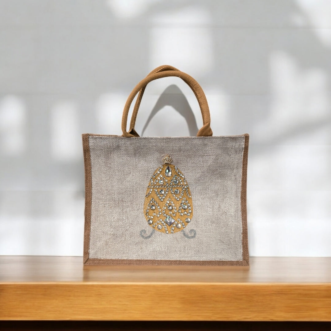 gold jeweled egg tote bag, hand painted easter tote, beaded gold egg tote, off white tote bag