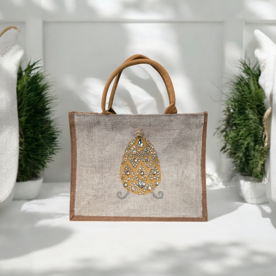 gold jeweled egg tote bag, hand painted easter tote, beaded gold egg tote, off white tote bag