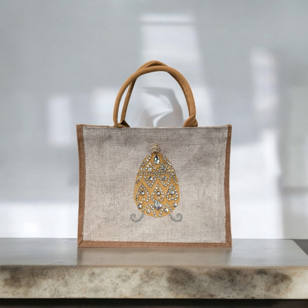 gold jeweled egg tote bag, hand painted easter tote, beaded gold egg tote, off white tote bag