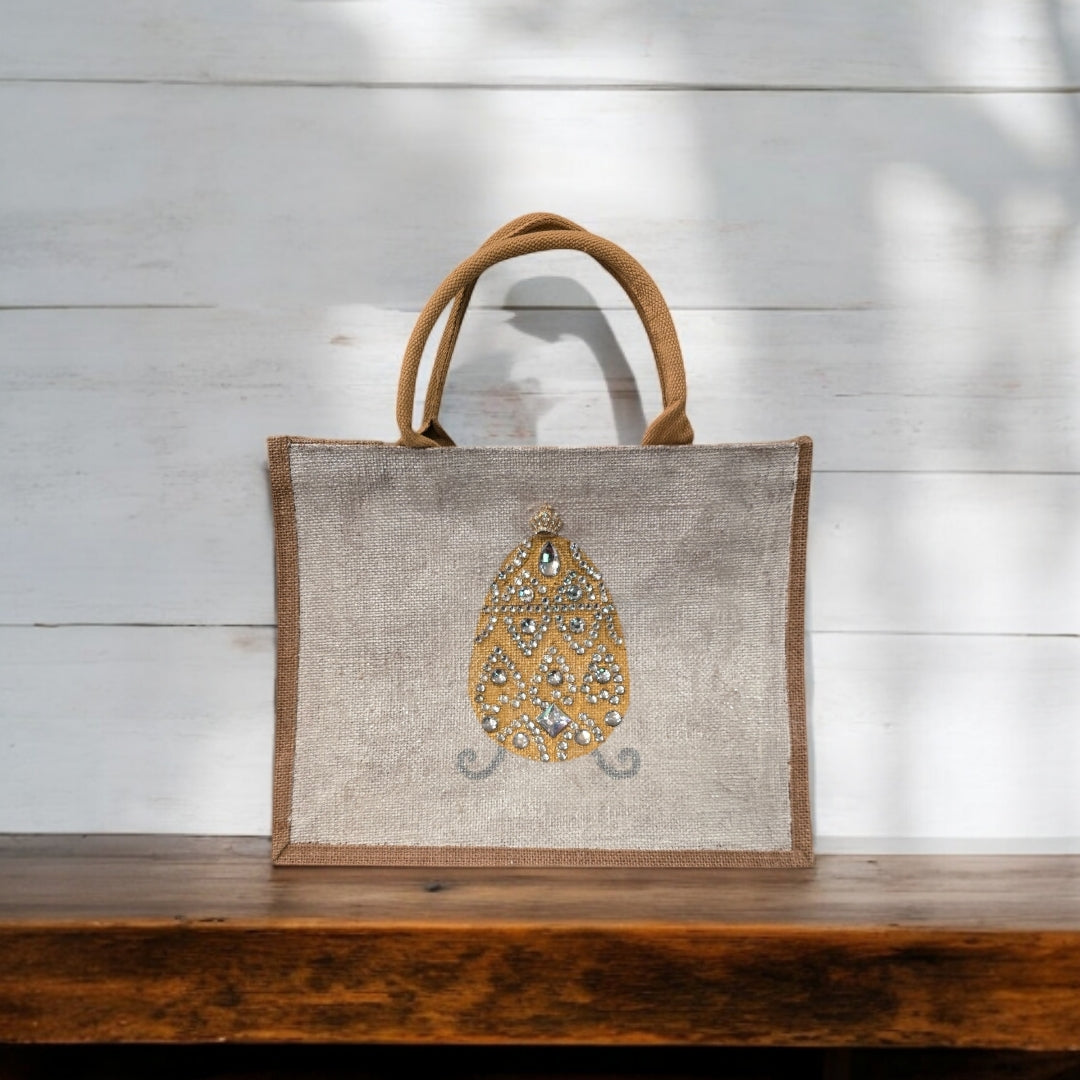 gold jeweled egg tote bag, hand painted easter tote, beaded gold egg tote, off white tote bag