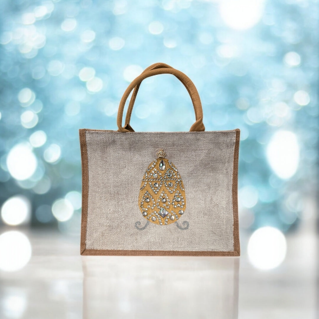 gold jeweled egg tote bag, hand painted easter tote, beaded gold egg tote, off white tote bag