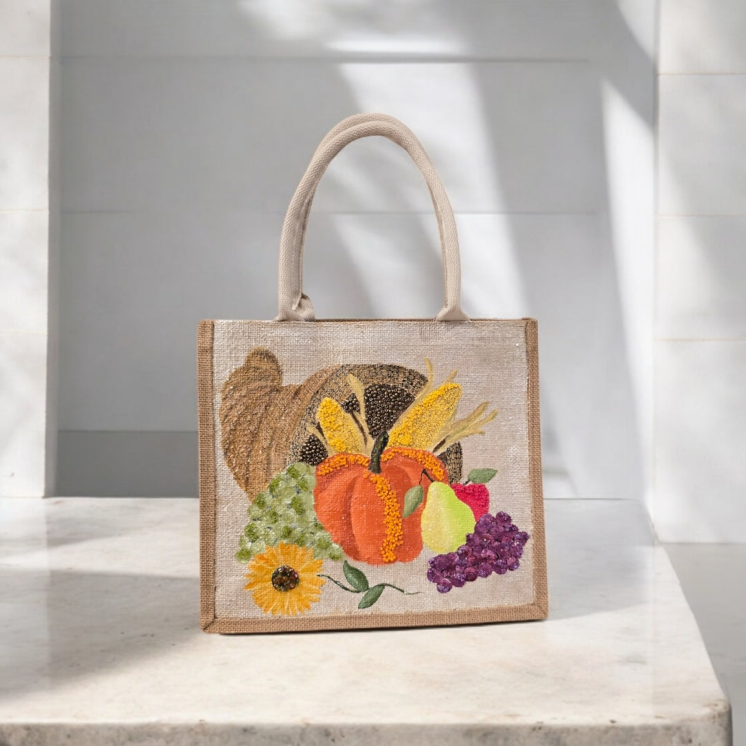 Hand-Painted-Tote-Bag, Cornucopia-Design, Artistic-Design