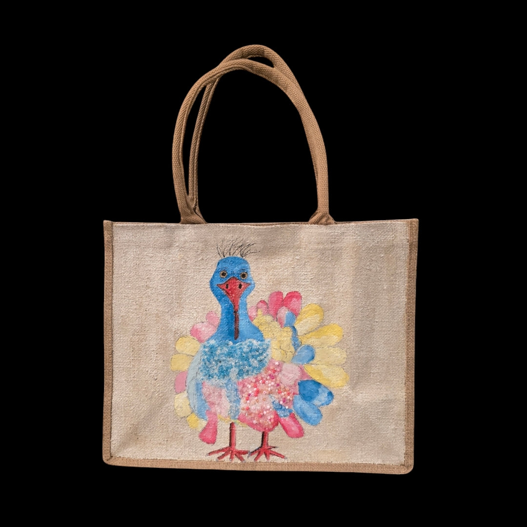 pastel turkey tote bag, Thanksgiving tote bag, turkey tote bag, fall tote bag, beaded turkey jute bag, off white tote bag