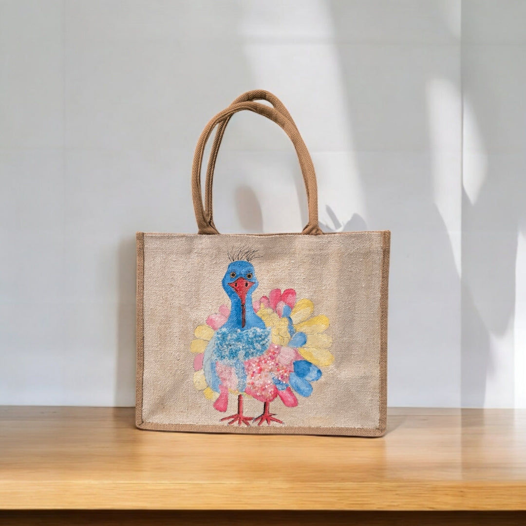 pastel turkey tote bag, Thanksgiving tote bag, turkey tote bag, fall tote bag, beaded turkey jute bag, off white tote bag