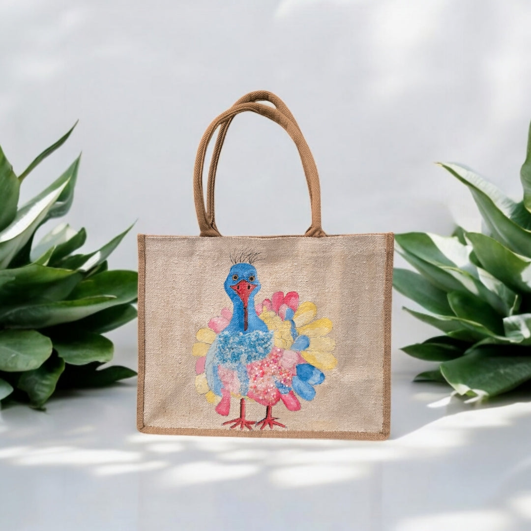 pastel turkey tote bag, Thanksgiving tote bag, turkey tote bag, fall tote bag, beaded turkey jute bag, off white tote bag