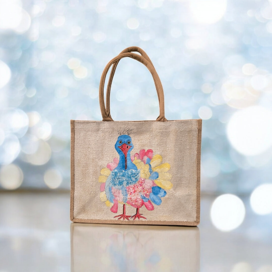 pastel turkey tote bag, Thanksgiving tote bag, turkey tote bag, fall tote bag, beaded turkey jute bag, off white tote bag