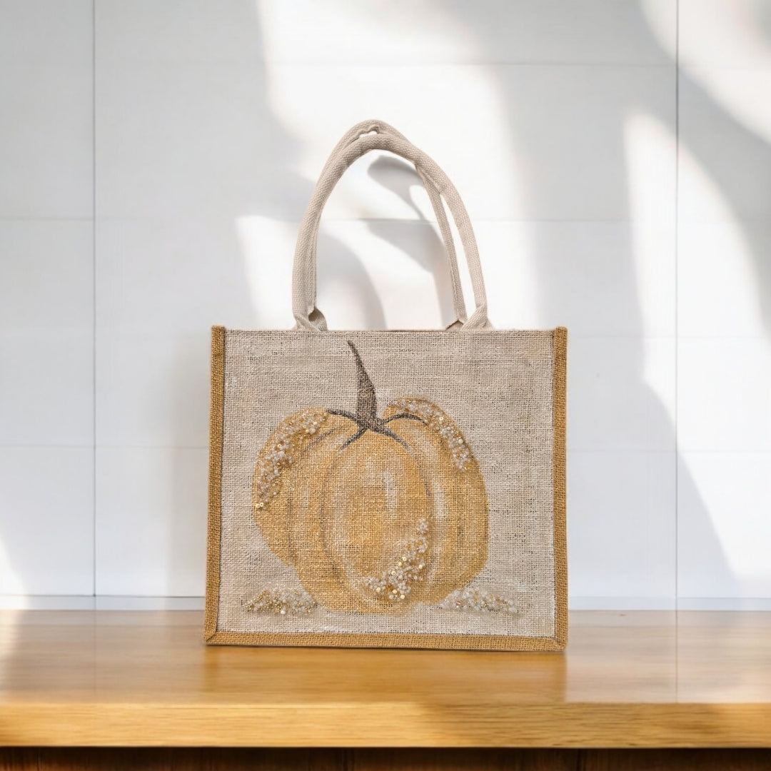 gold pumpkin tote bag, pumpkin tote bag, off white tote bag, fall tote bag, Thanksgiving tote bag, beaded pumpkin jute bag