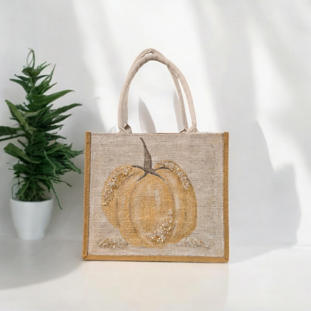 gold pumpkin tote bag, pumpkin tote bag, off white tote bag, fall tote bag, Thanksgiving tote bag, beaded pumpkin jute bag