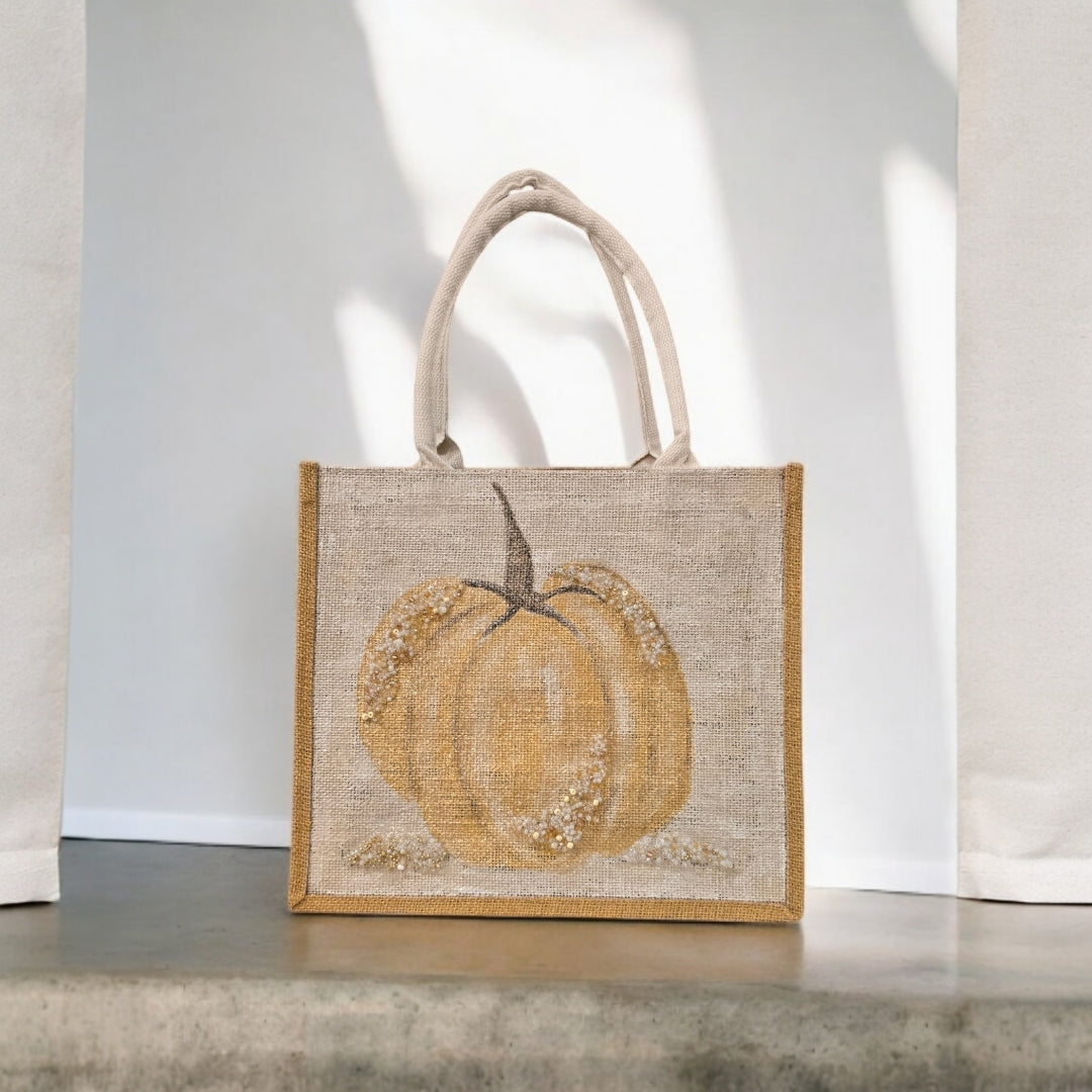 gold pumpkin tote bag, pumpkin tote bag, off white tote bag, fall tote bag, Thanksgiving tote bag, beaded pumpkin jute bag