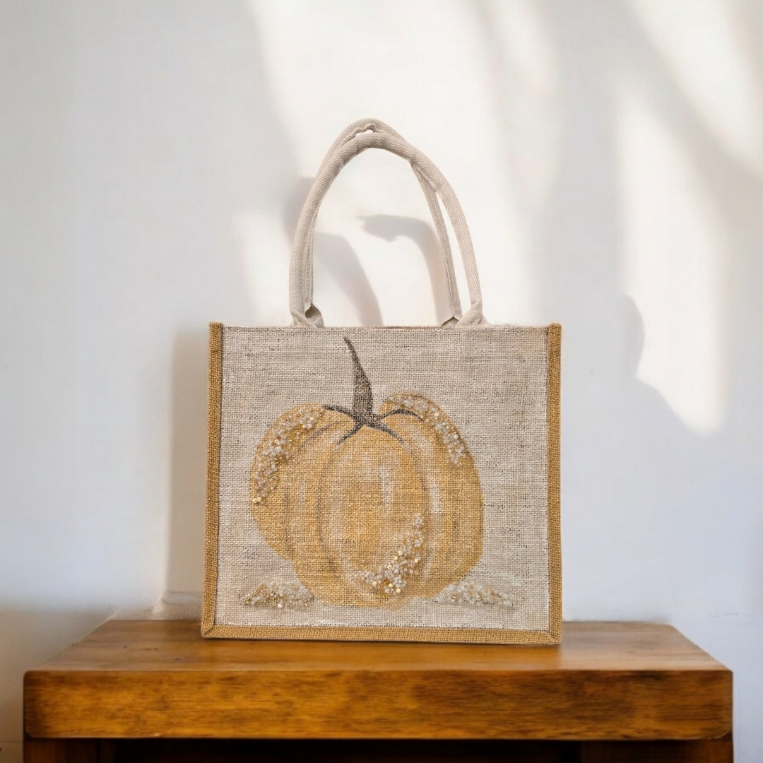gold pumpkin tote bag, pumpkin tote bag, off white tote bag, fall tote bag, Thanksgiving tote bag, beaded pumpkin jute bag