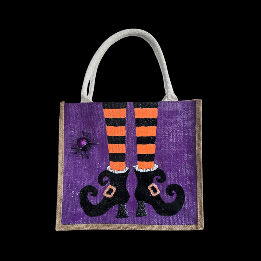 witches feet tote bag, Halloween tote bag, witch tote bag, purple tote bag, beaded Halloween jute bag