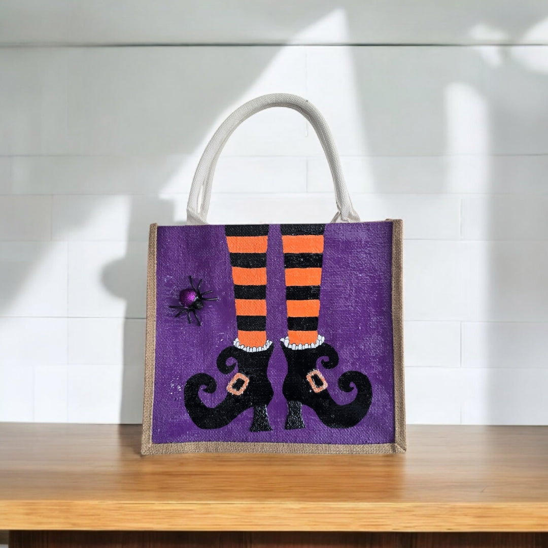 witches feet tote bag, Halloween tote bag, witch tote bag, purple tote bag, beaded Halloween jute bag