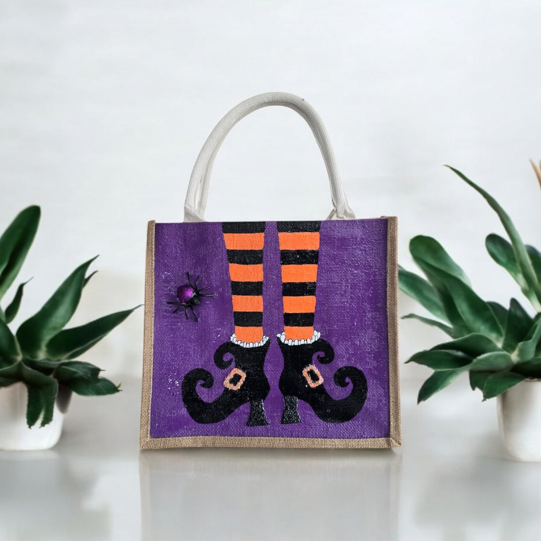 witches feet tote bag, Halloween tote bag, witch tote bag, purple tote bag, beaded Halloween jute bag