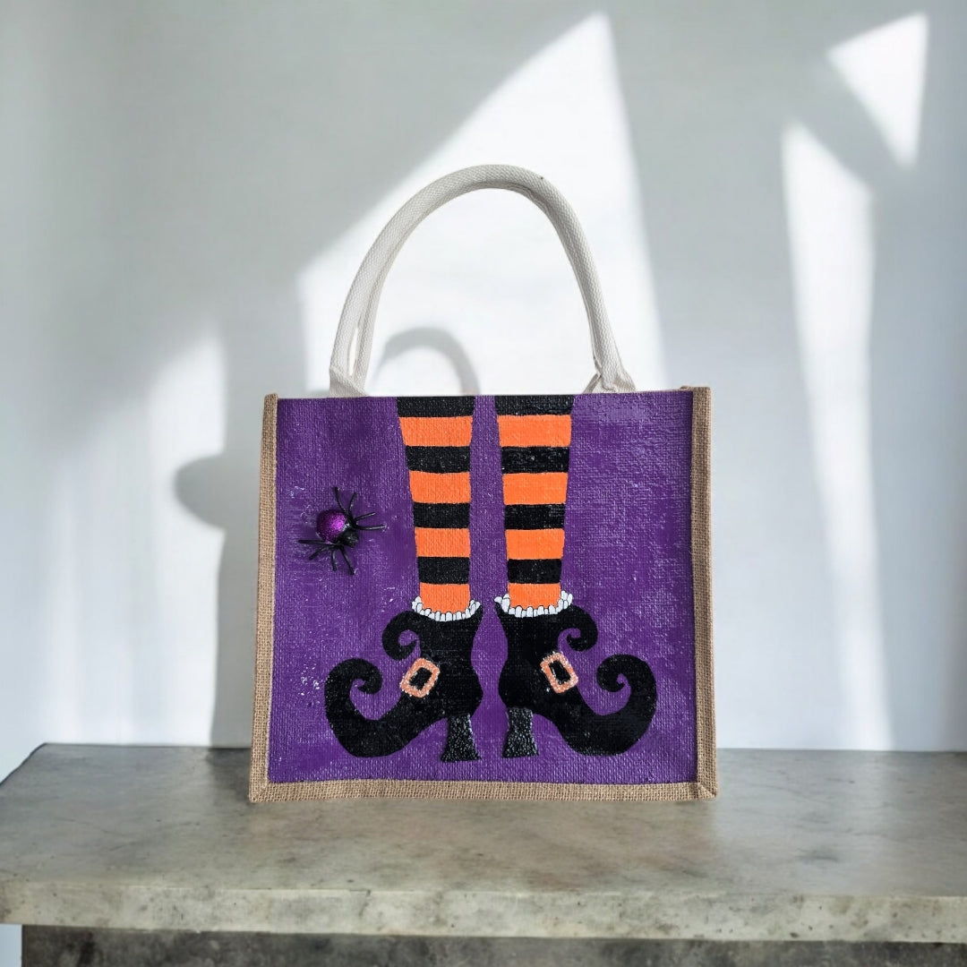 witches feet tote bag, Halloween tote bag, witch tote bag, purple tote bag, beaded Halloween jute bag