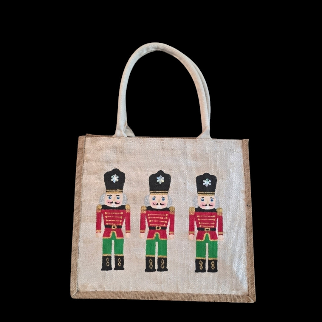 nutcracker tote bag, hand painted Christmas tote, beaded holiday tote, off white jute Christmas market bag