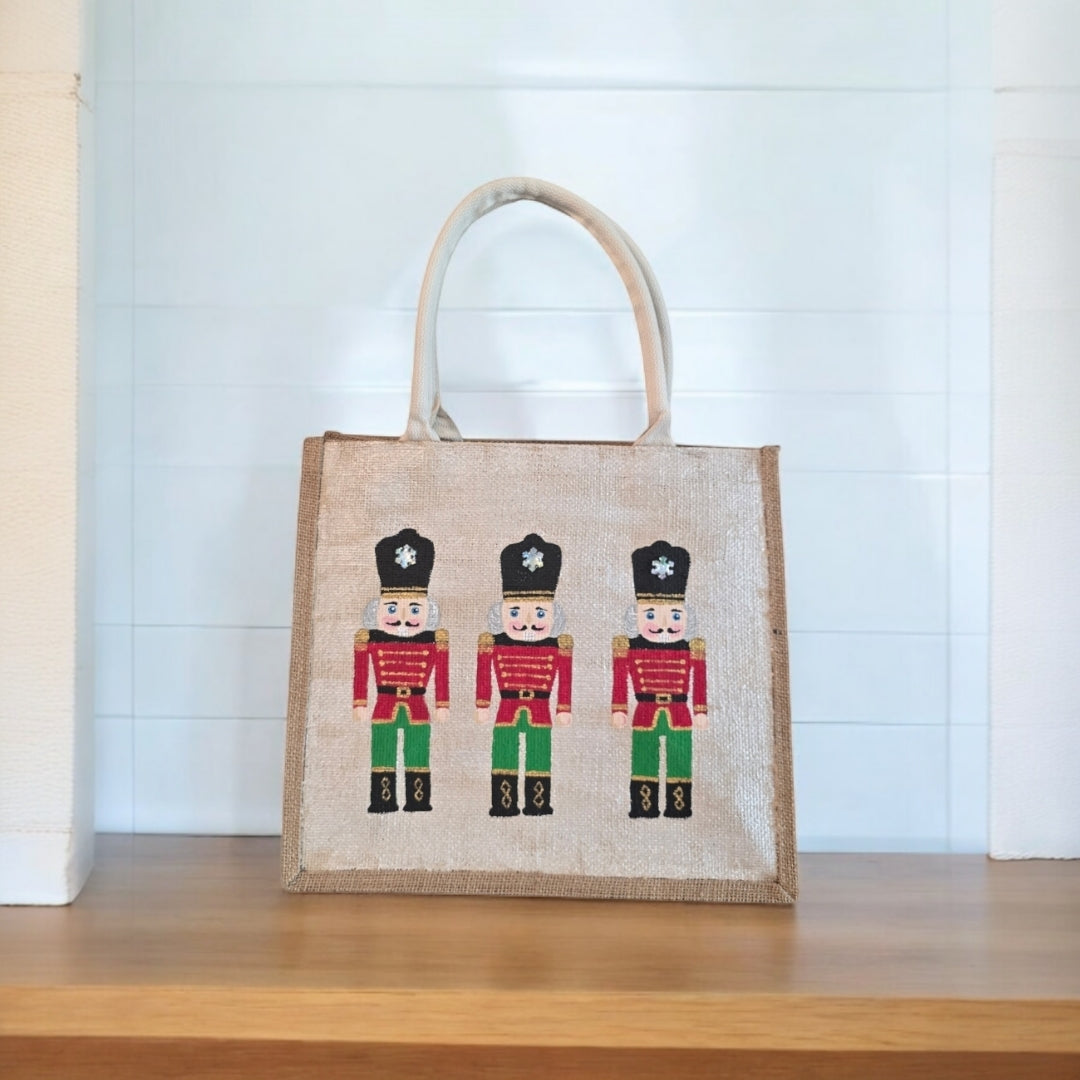 nutcracker tote bag, hand painted Christmas tote, beaded holiday tote, off white jute Christmas market bag