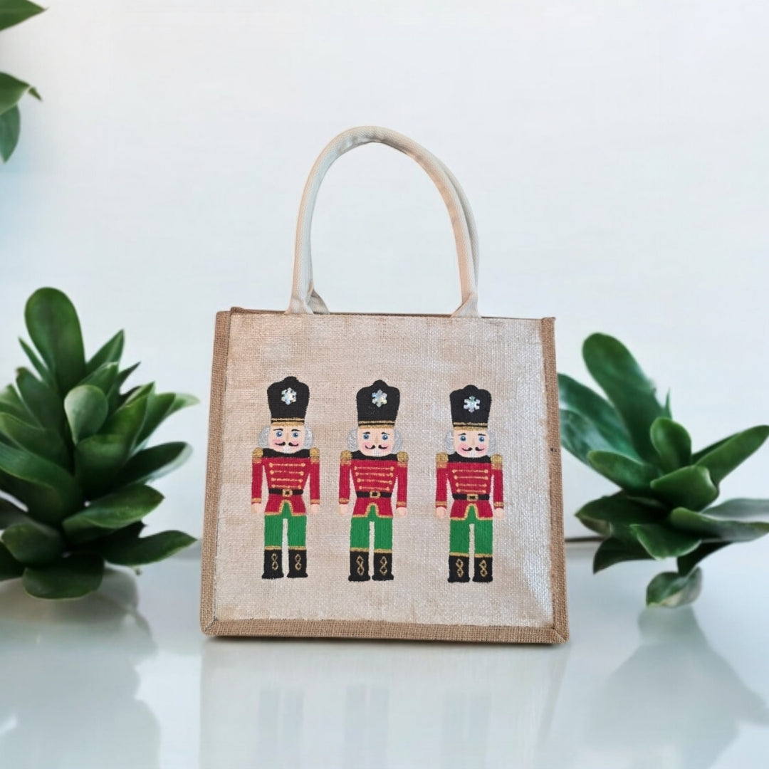 nutcracker tote bag, hand painted Christmas tote, beaded holiday tote, off white jute Christmas market bag