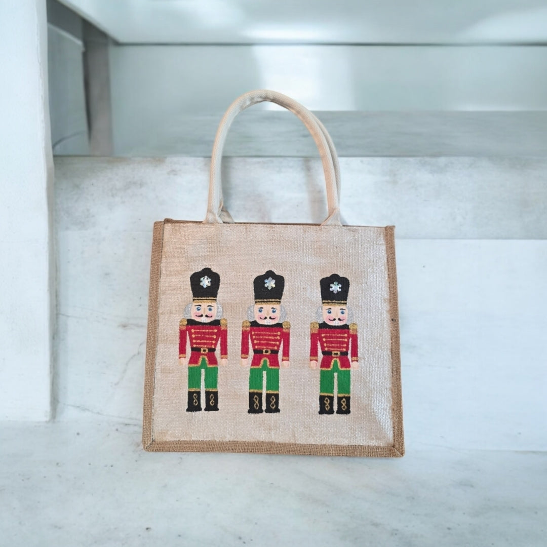 nutcracker tote bag, hand painted Christmas tote, beaded holiday tote, off white jute Christmas market bag