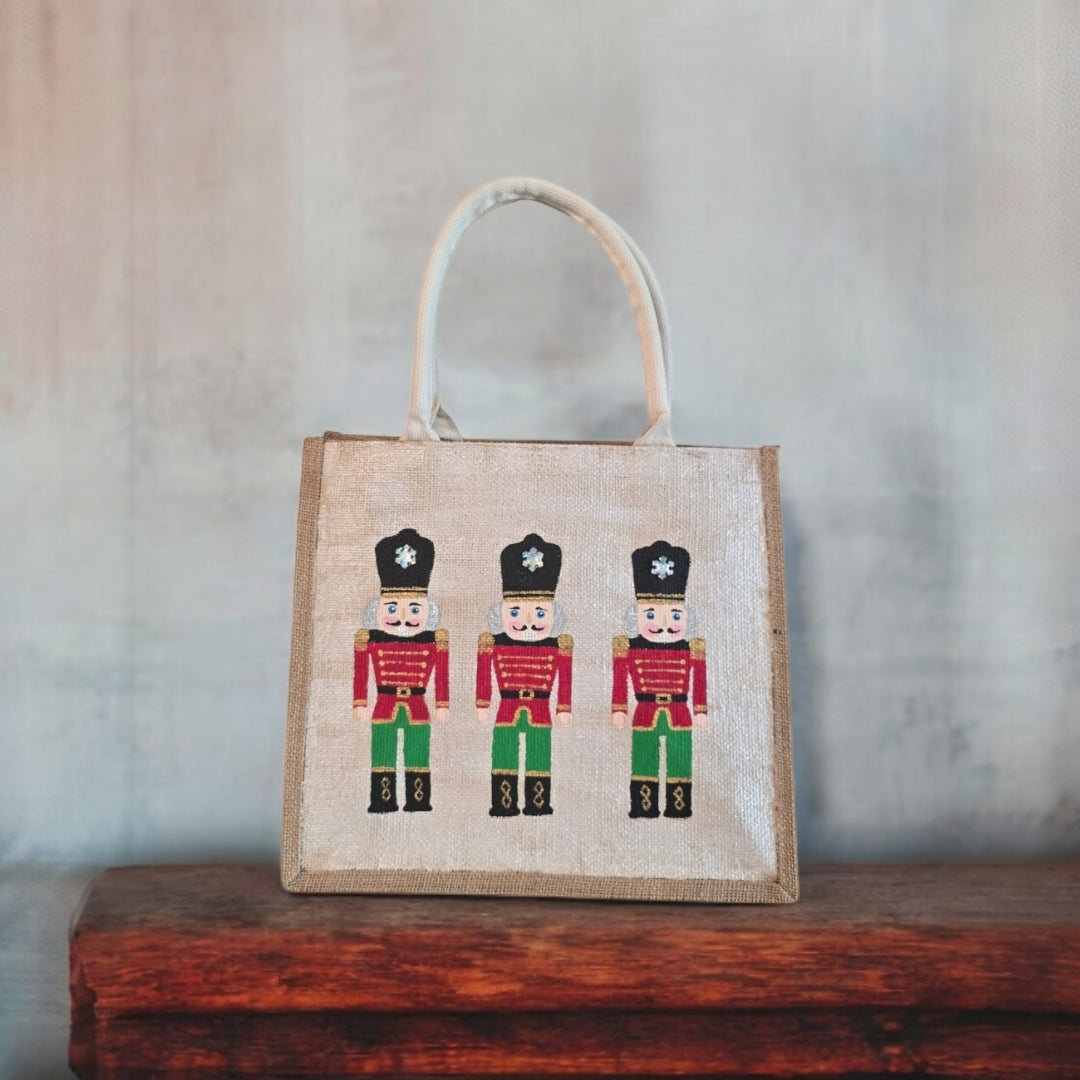 nutcracker tote bag, hand painted Christmas tote, beaded holiday tote, off white jute Christmas market bag