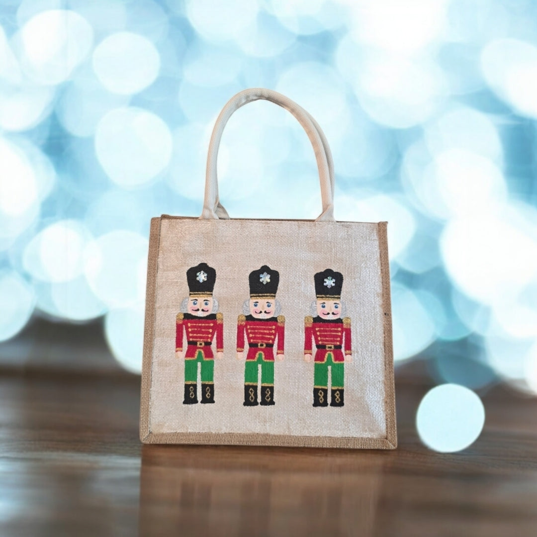 nutcracker tote bag, hand painted Christmas tote, beaded holiday tote, off white jute Christmas market bag