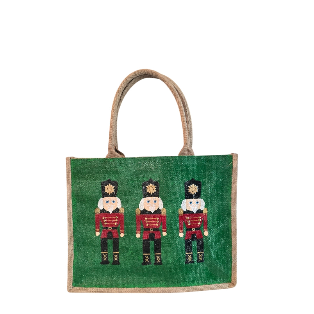 nutcracker tote bag, hand painted Christmas tote, beaded holiday tote, green jute Christmas market bag