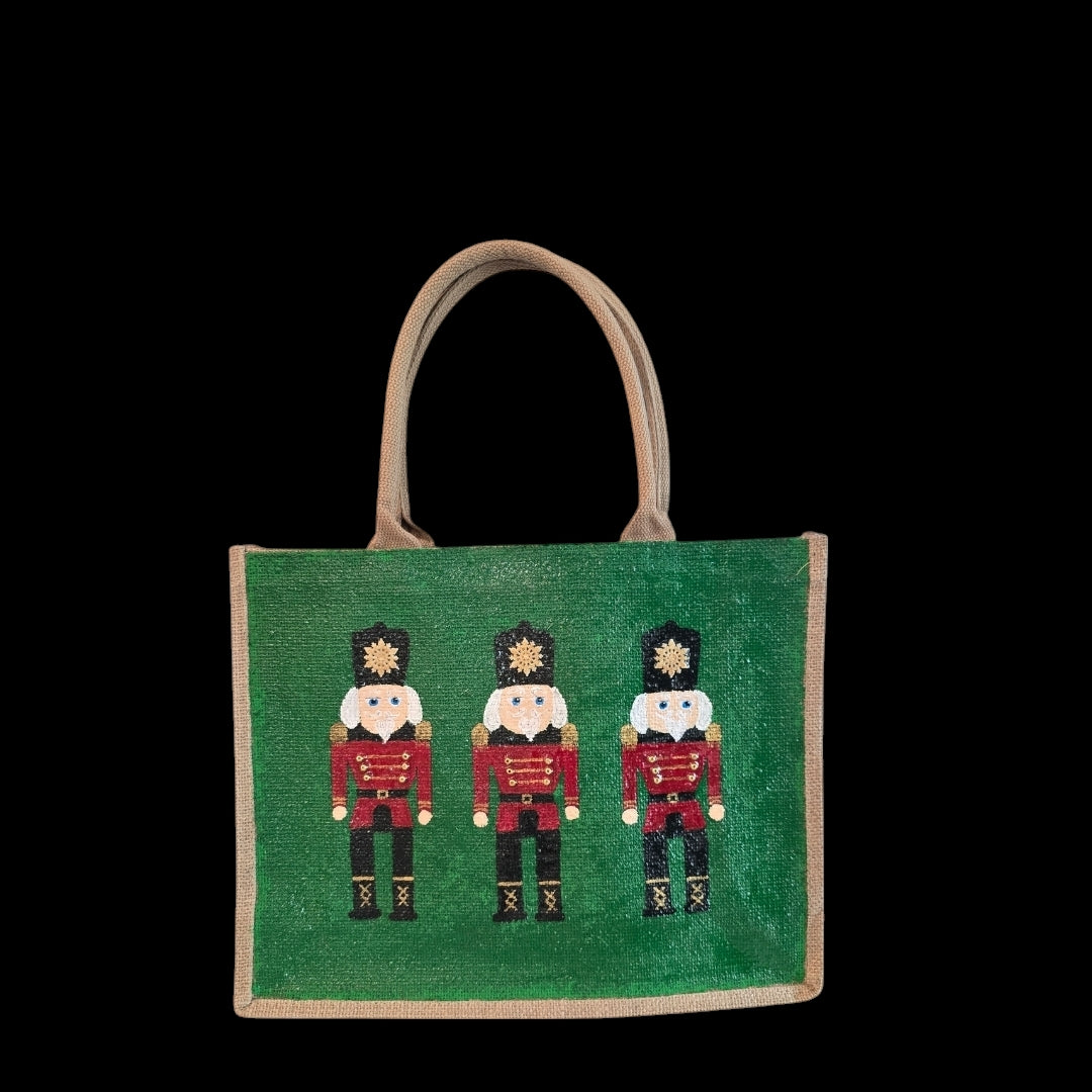 nutcracker tote bag, hand painted Christmas tote, beaded holiday tote, green jute Christmas market bag