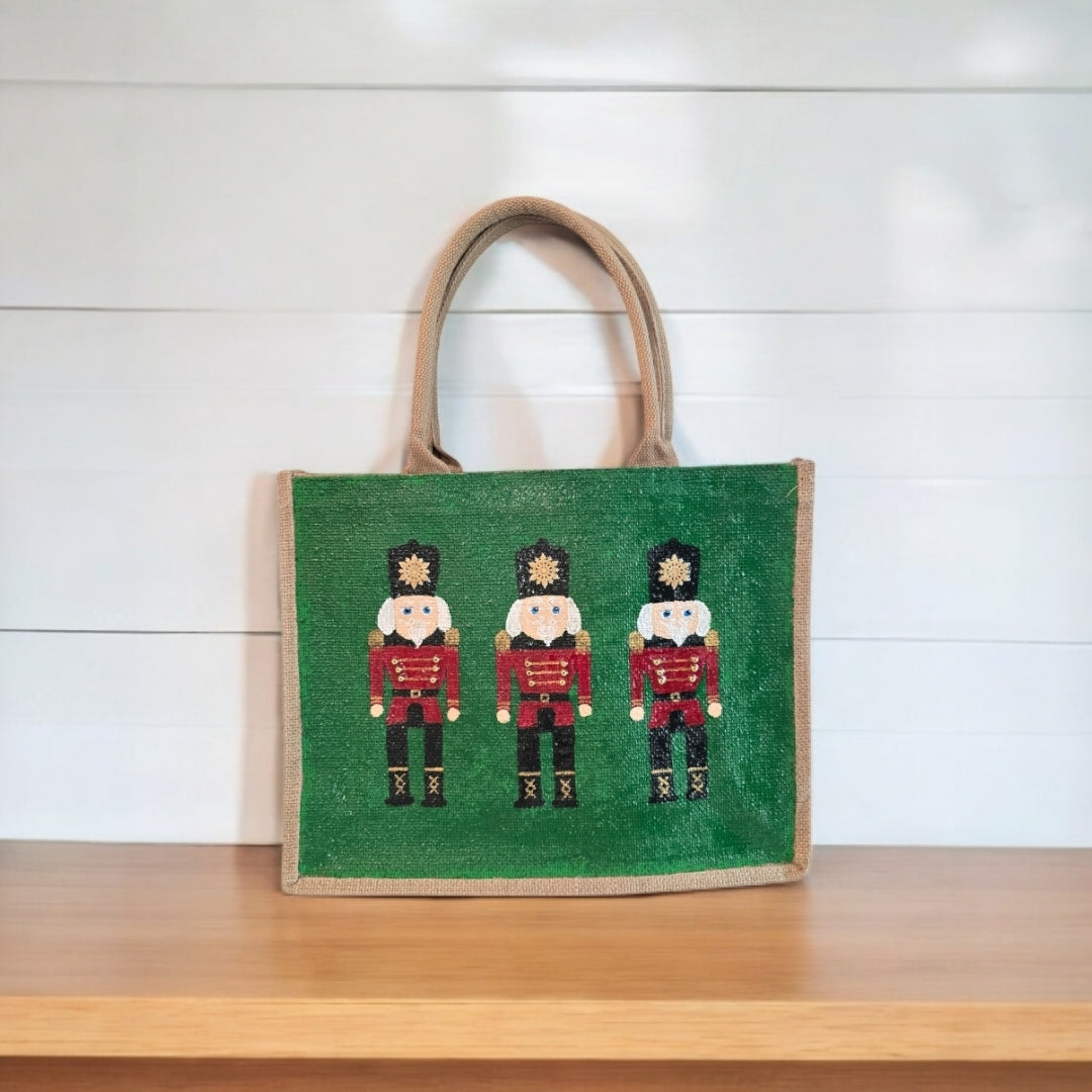 nutcracker tote bag, hand painted Christmas tote, beaded holiday tote, green jute Christmas market bag