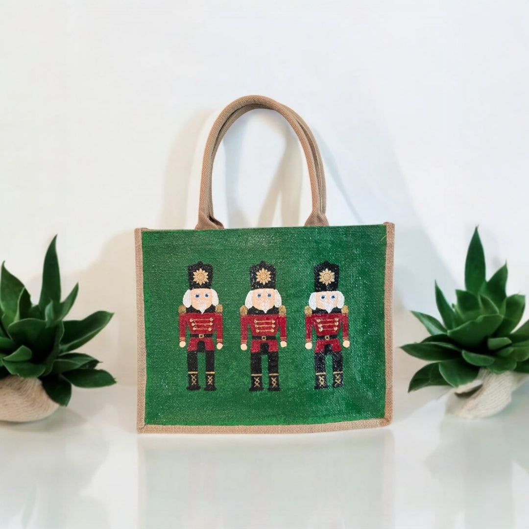 nutcracker tote bag, hand painted Christmas tote, beaded holiday tote, green jute Christmas market bag