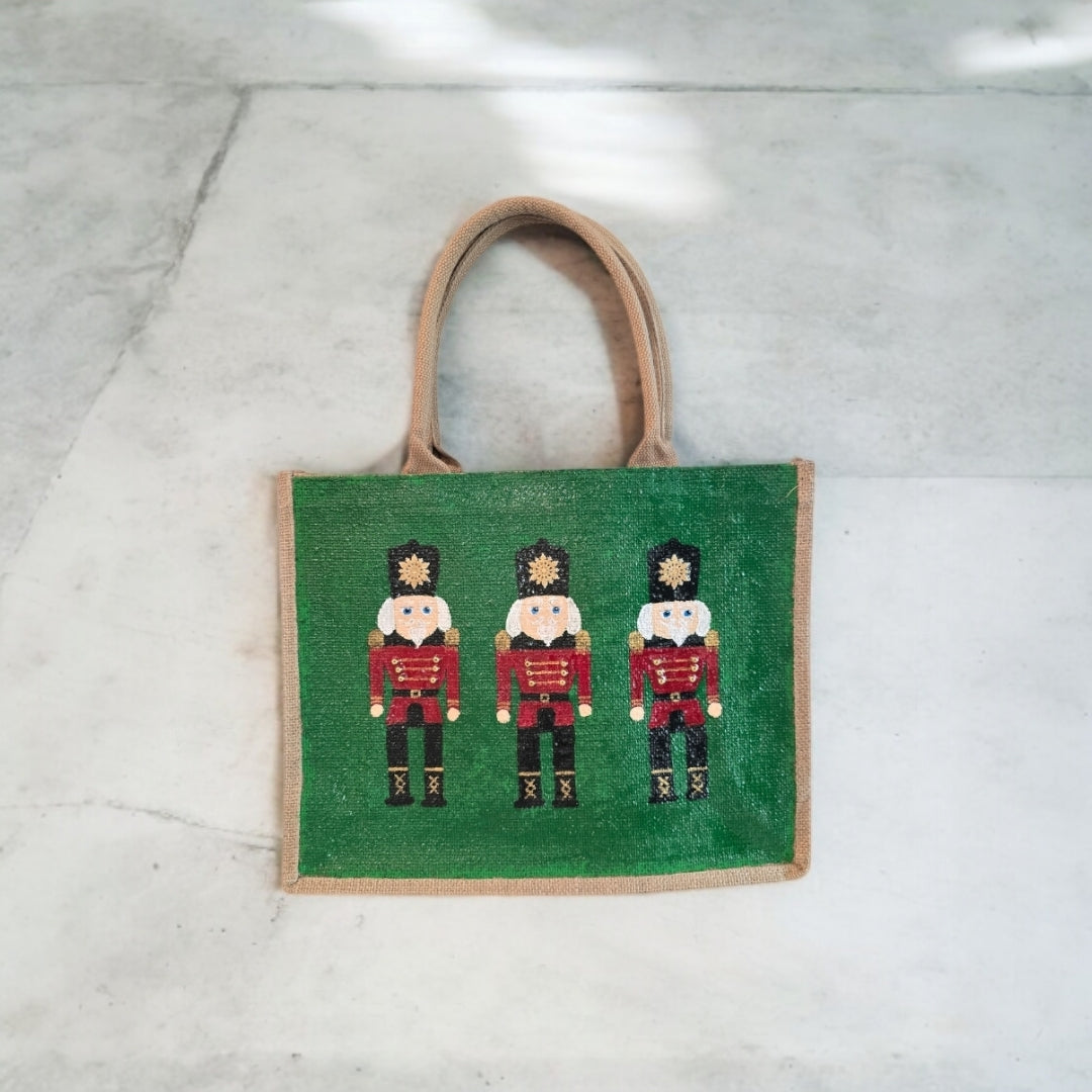 nutcracker tote bag, hand painted Christmas tote, beaded holiday tote, green jute Christmas market bag