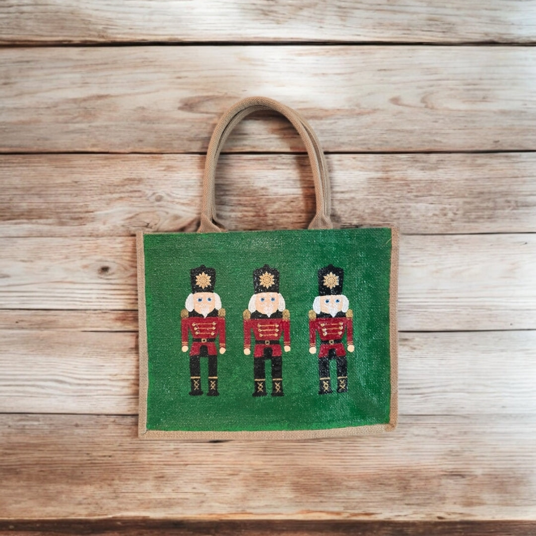 nutcracker tote bag, hand painted Christmas tote, beaded holiday tote, green jute Christmas market bag