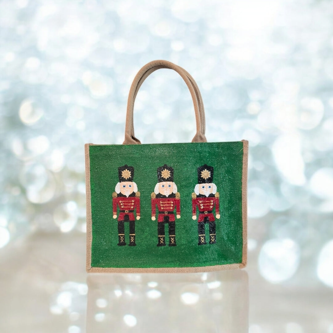 nutcracker tote bag, hand painted Christmas tote, beaded holiday tote, green jute Christmas market bag