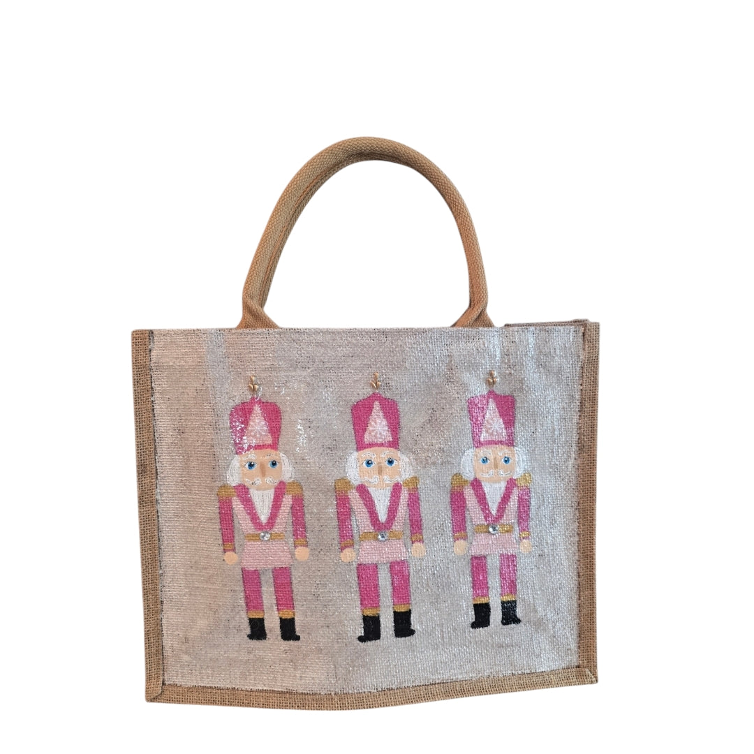 pink nutcracker tote bag, hand painted Christmas tote, beaded holiday tote, off white jute Christmas market bag