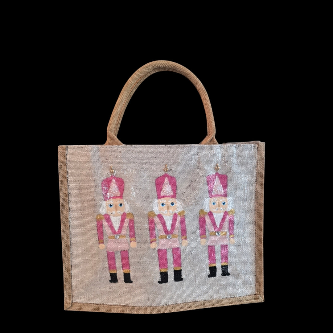 pink nutcracker tote bag, hand painted Christmas tote, beaded holiday tote, off white jute Christmas market bag