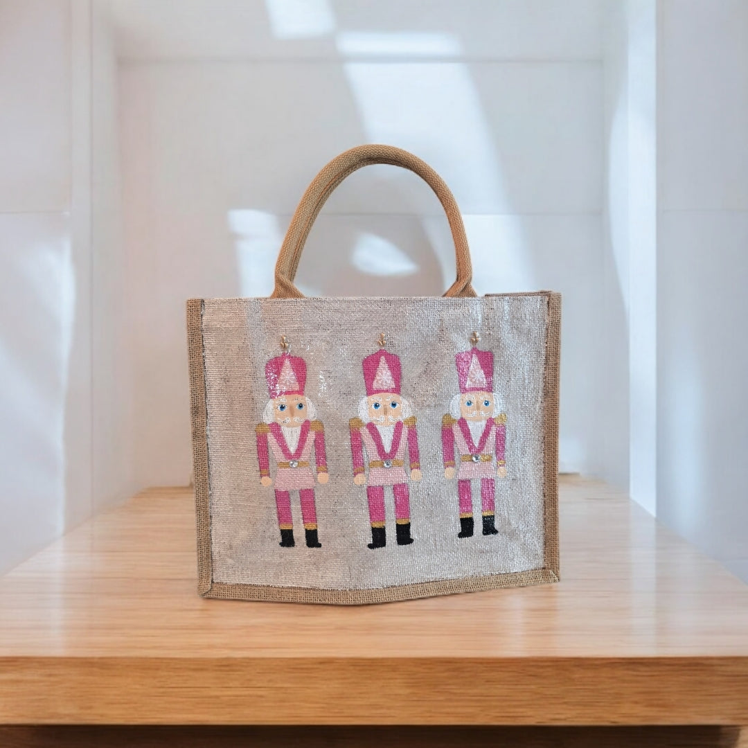 pink nutcracker tote bag, hand painted Christmas tote, beaded holiday tote, off white jute Christmas market bag