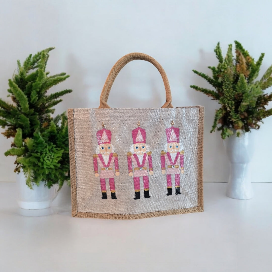pink nutcracker tote bag, hand painted Christmas tote, beaded holiday tote, off white jute Christmas market bag