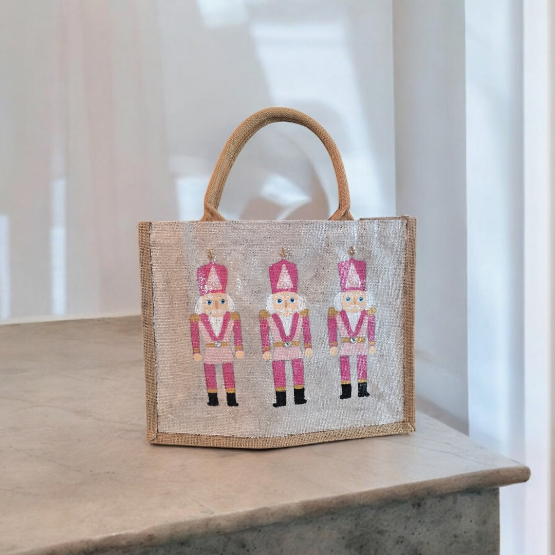 pink nutcracker tote bag, hand painted Christmas tote, beaded holiday tote, off white jute Christmas market bag