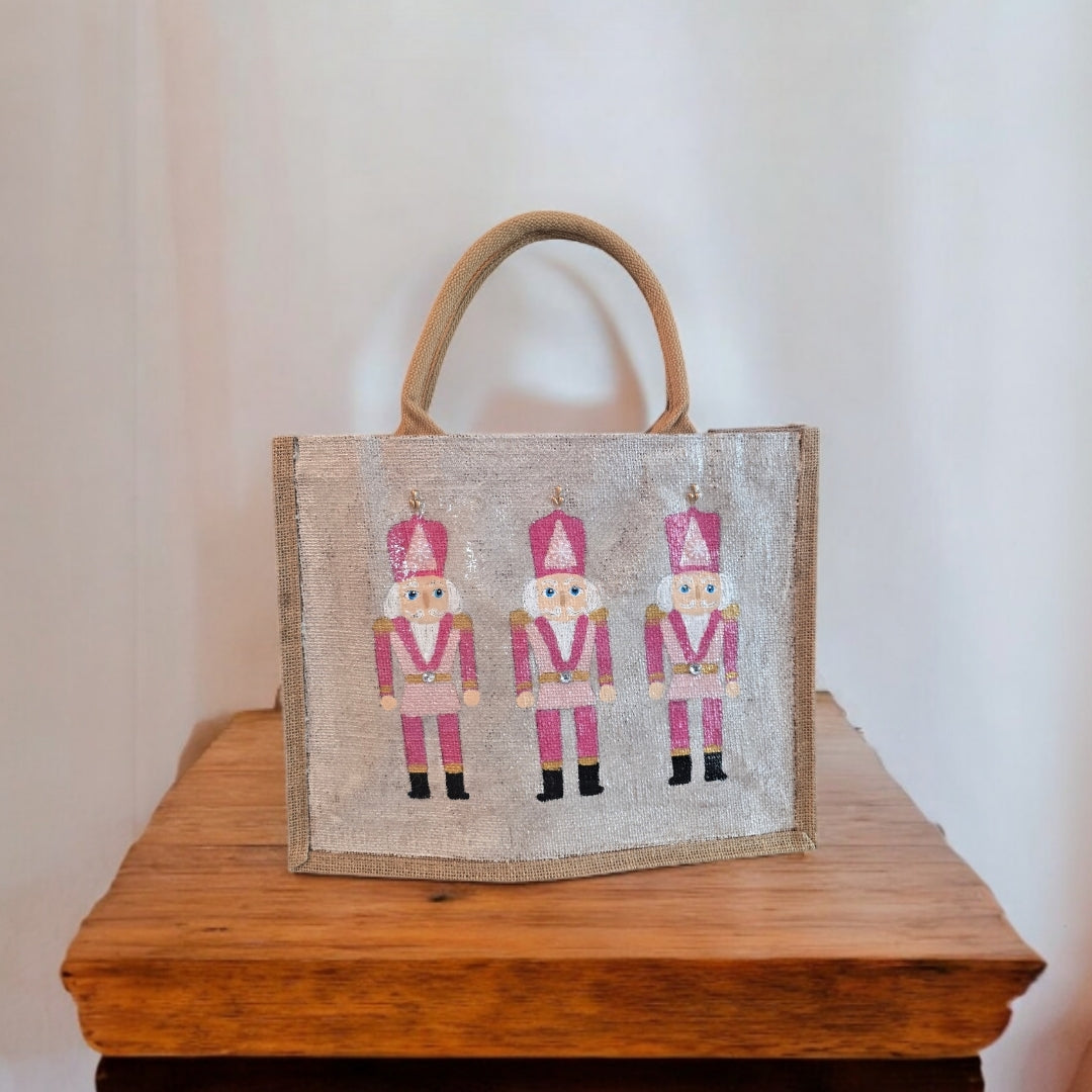 pink nutcracker tote bag, hand painted Christmas tote, beaded holiday tote, off white jute Christmas market bag