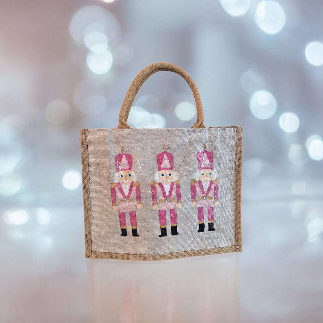 pink nutcracker tote bag, hand painted Christmas tote, beaded holiday tote, off white jute Christmas market bag
