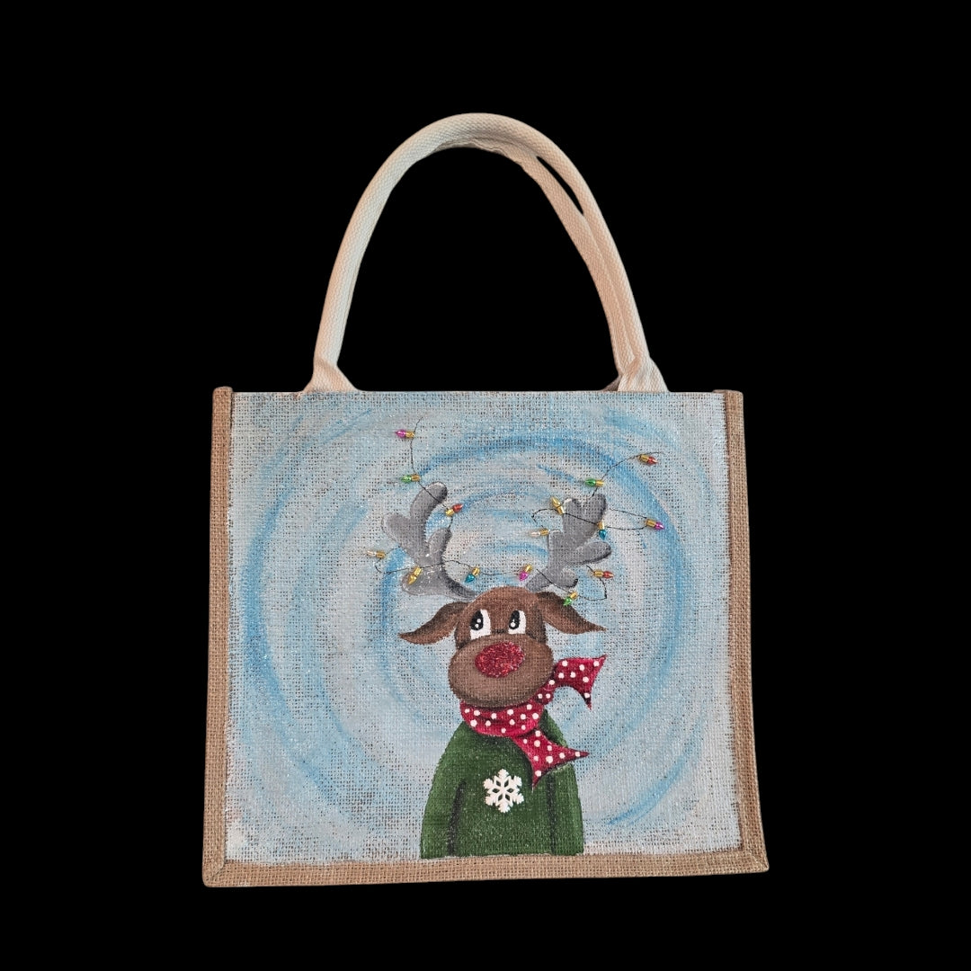 reindeer with lights tote bag, hand painted Christmas tote, beaded holiday tote, blue jute Christmas market bag