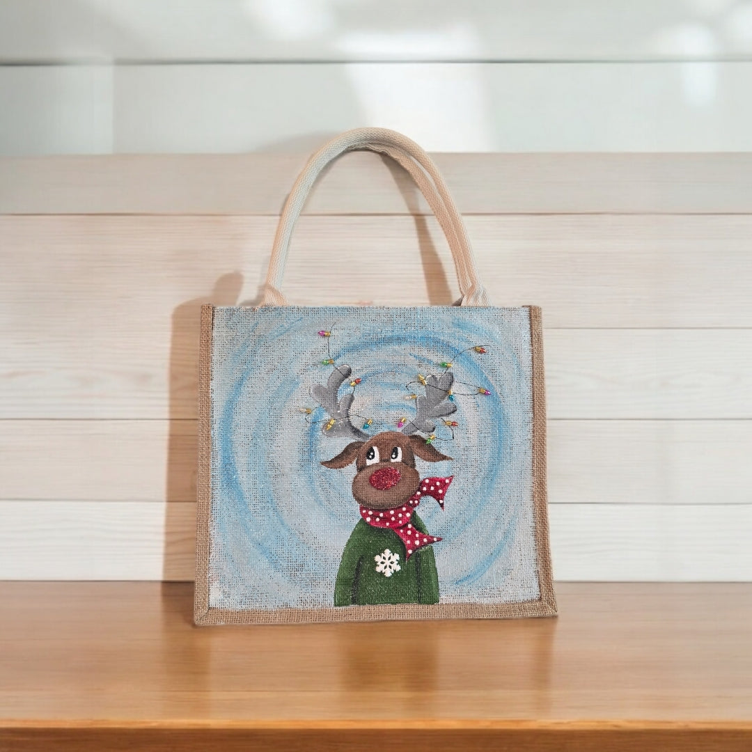 reindeer with lights tote bag, hand painted Christmas tote, beaded holiday tote, blue jute Christmas market bag