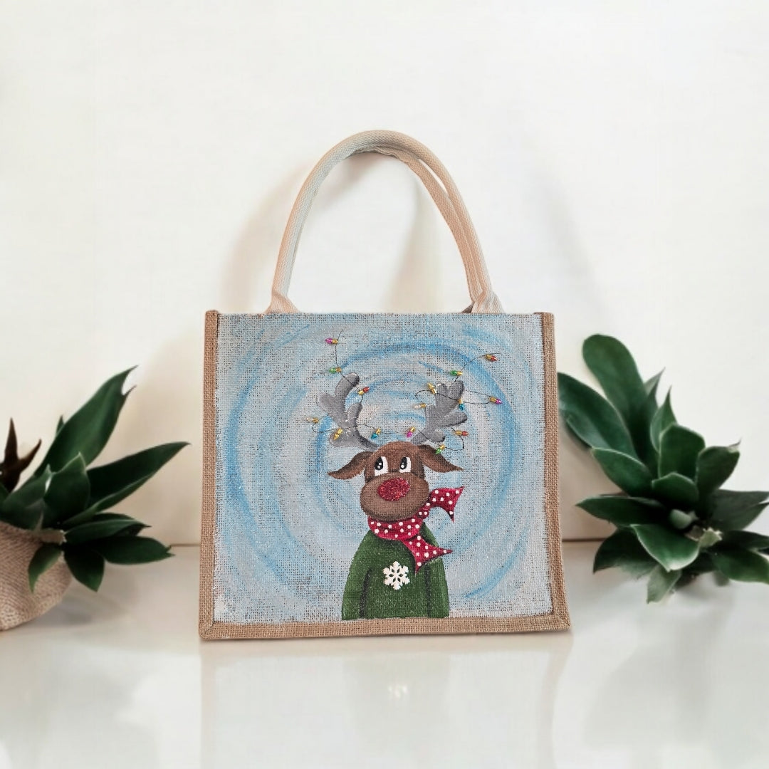 reindeer with lights tote bag, hand painted Christmas tote, beaded holiday tote, blue jute Christmas market bag
