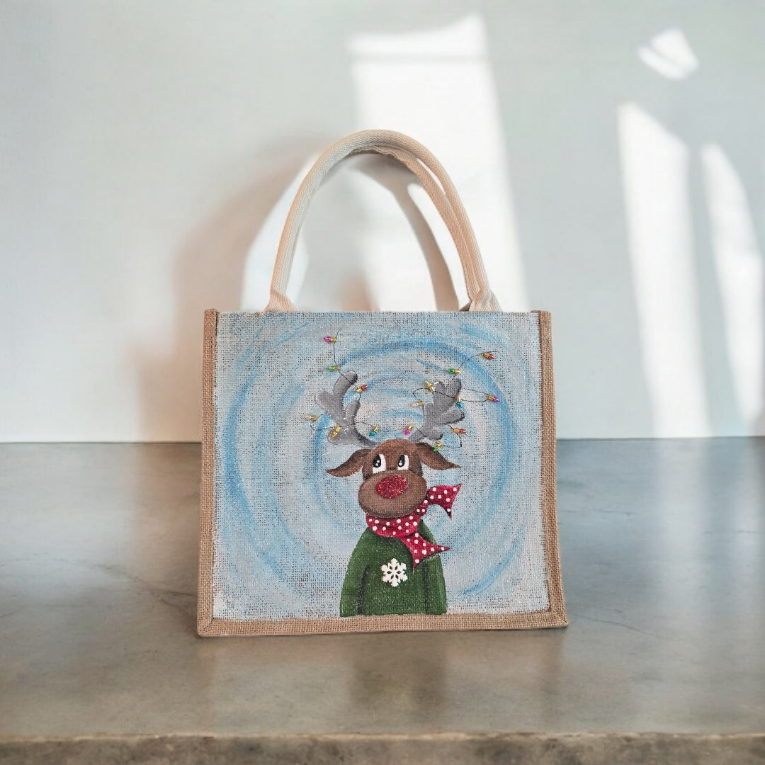 reindeer with lights tote bag, hand painted Christmas tote, beaded holiday tote, blue jute Christmas market bag