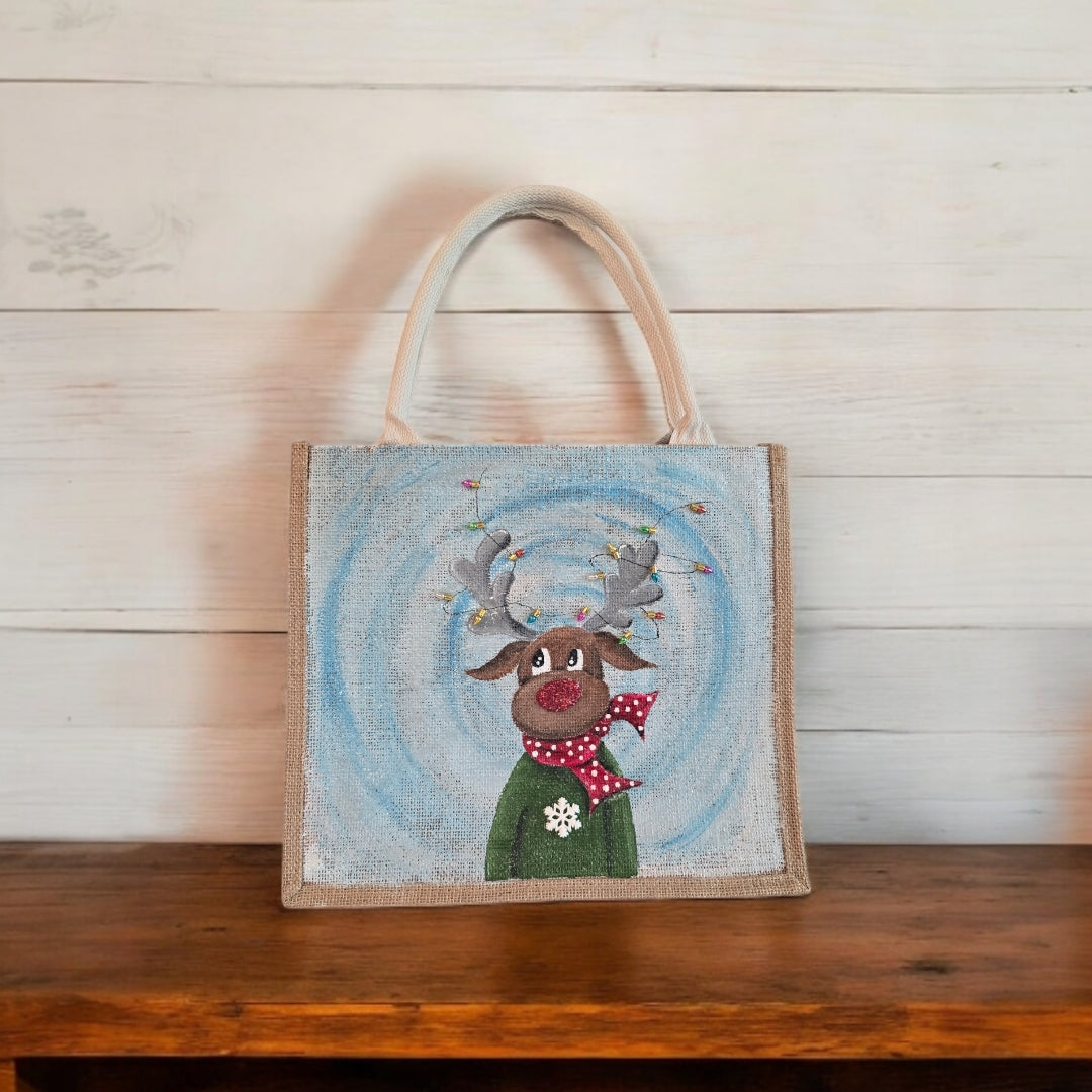 reindeer with lights tote bag, hand painted Christmas tote, beaded holiday tote, blue jute Christmas market bag