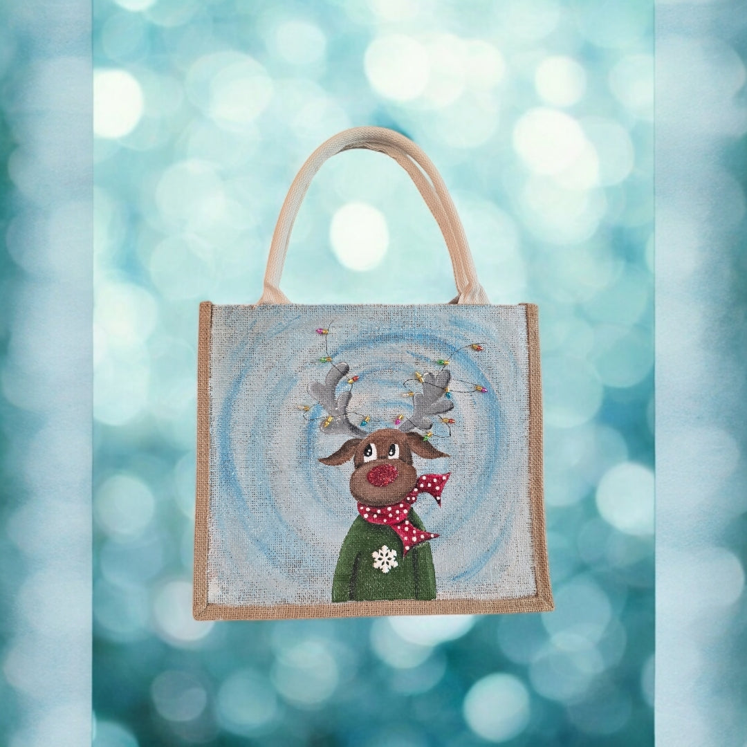 reindeer with lights tote bag, hand painted Christmas tote, beaded holiday tote, blue jute Christmas market bag