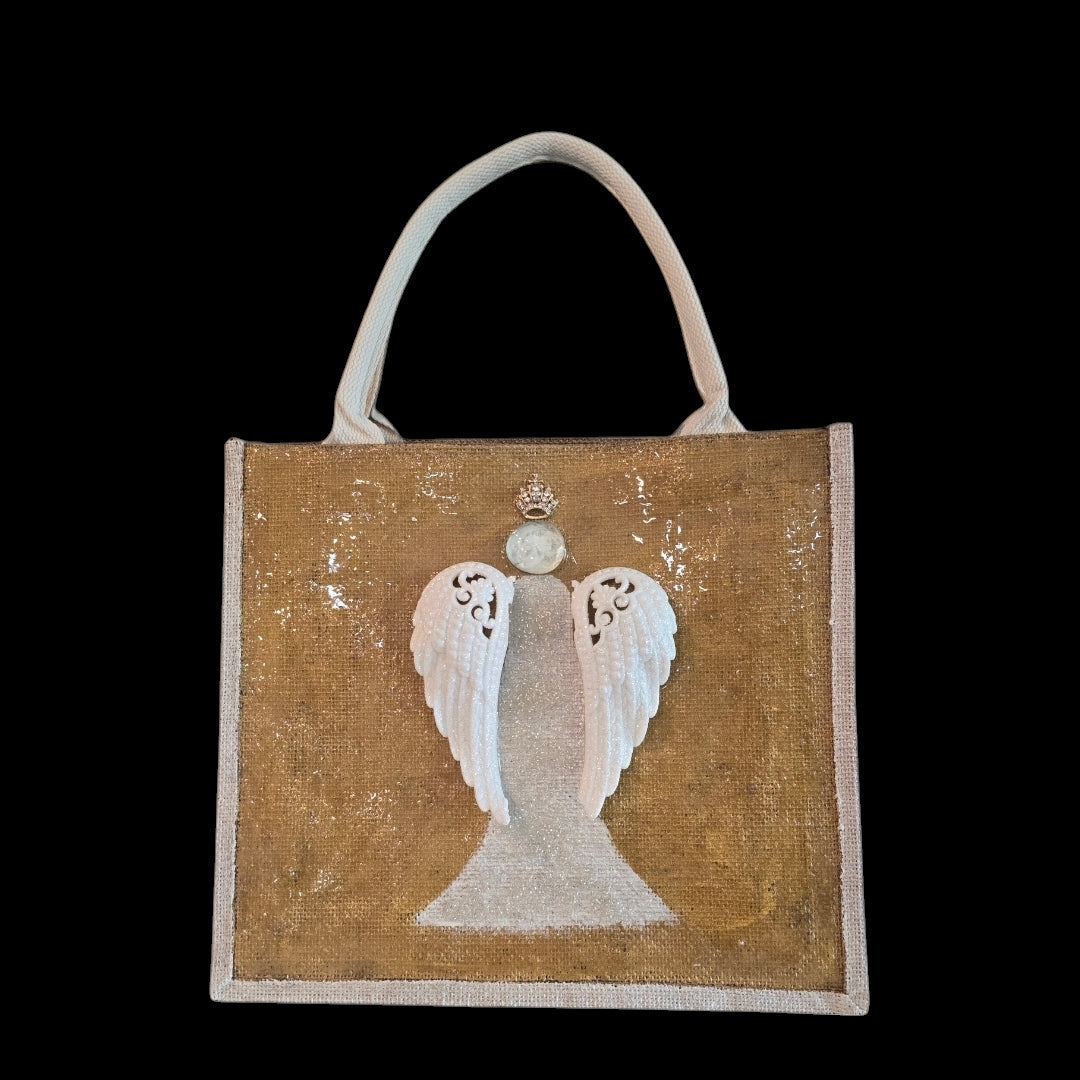 gold and white angel tote bag, hand painted angel Christmas tote, beaded angel holiday tote, gold jute Christmas market bag