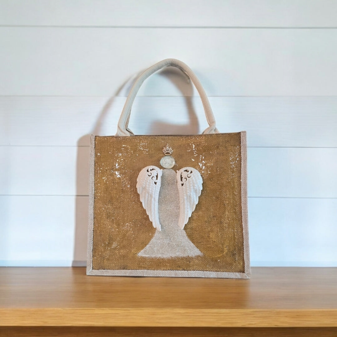 gold and white angel tote bag, hand painted angel Christmas tote, beaded angel holiday tote, gold jute Christmas market bag