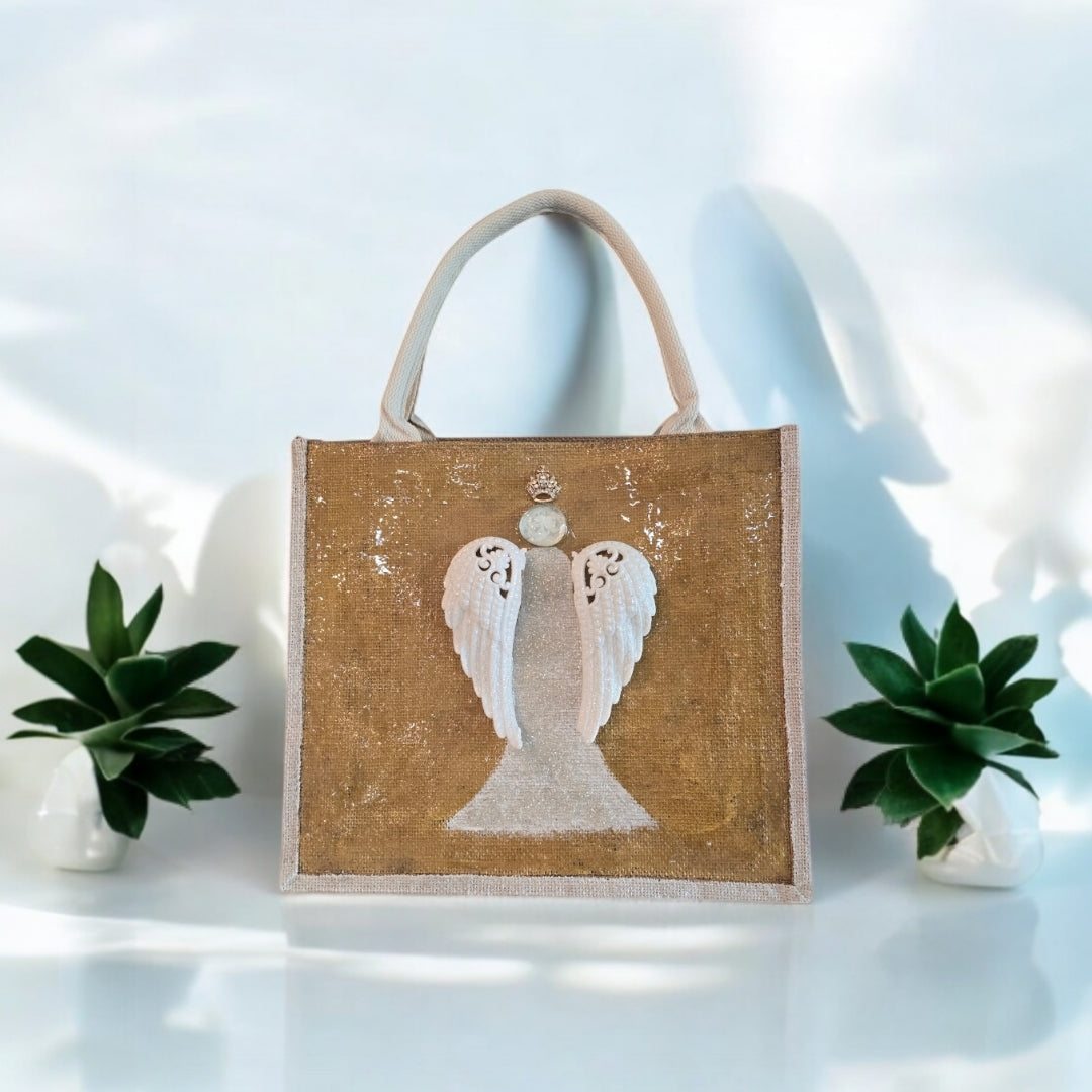 gold and white angel tote bag, hand painted angel Christmas tote, beaded angel holiday tote, gold jute Christmas market bag