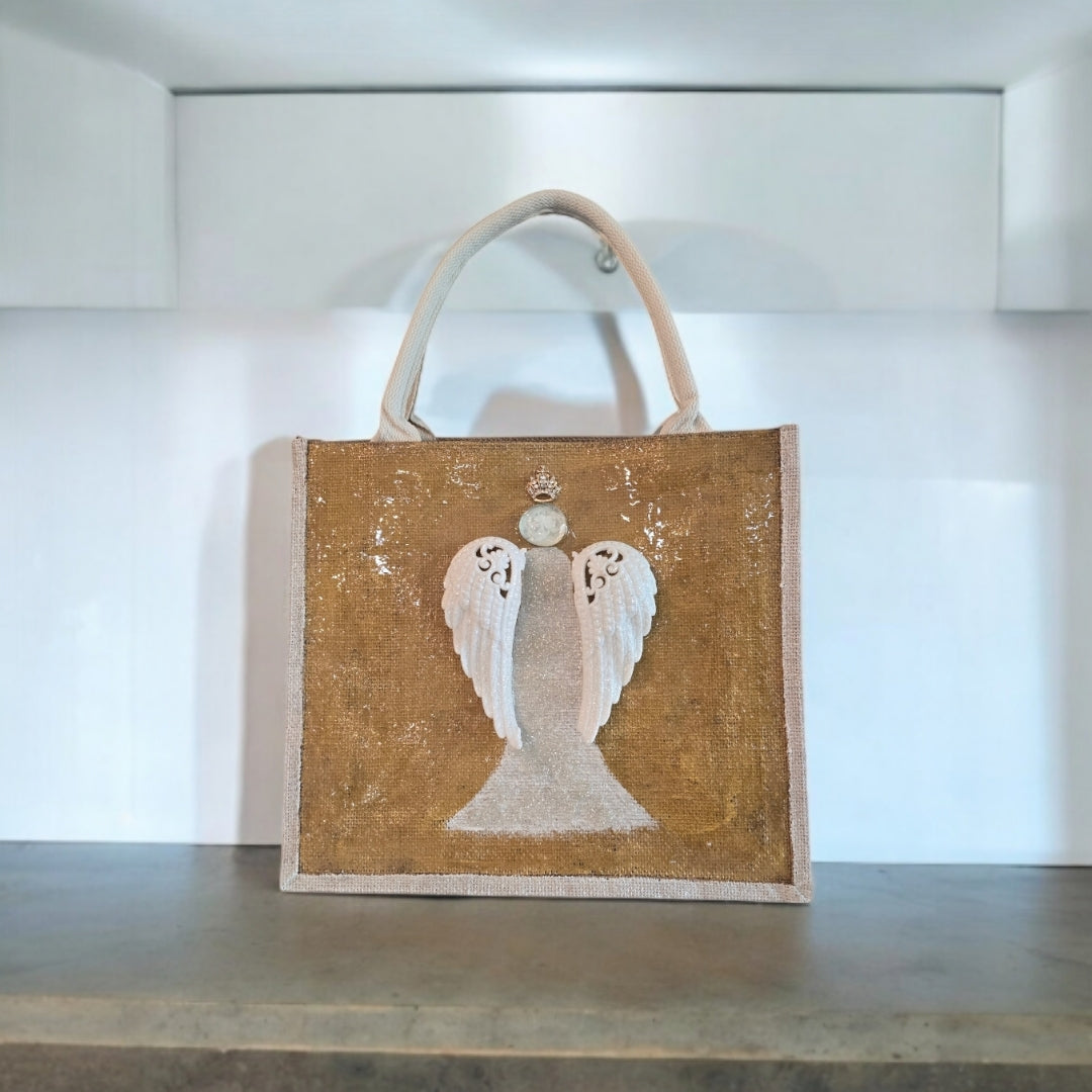 gold and white angel tote bag, hand painted angel Christmas tote, beaded angel holiday tote, gold jute Christmas market bag