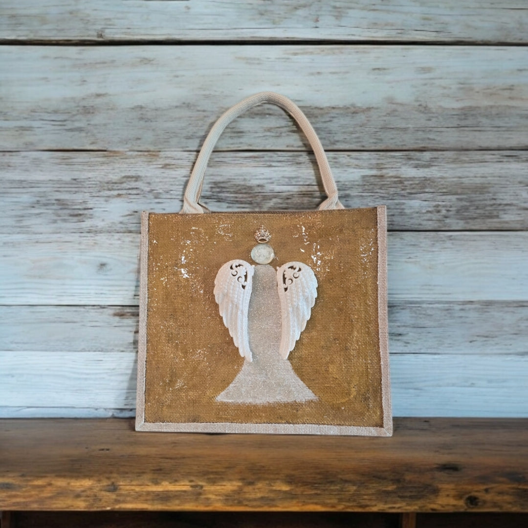 gold and white angel tote bag, hand painted angel Christmas tote, beaded angel holiday tote, gold jute Christmas market bag